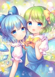  2girls blue_bow blue_dress blue_eyes blue_hair blue_skirt blue_vest blush bow cirno coa_(chroo_x) daiyousei dress fairy fairy_wings frilled_shirt_collar frills green_hair grin hair_between_eyes hairbow ice ice_wings long_hair looking_at_viewer multiple_girls open_mouth puffy_short_sleeves puffy_sleeves shirt short_hair short_sleeves side_ponytail skirt smile touhou v vest white_shirt wings 