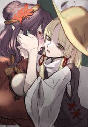  2girls absurdres autumn_leaves blonde_hair blush breasts brown_headwear frilled_shirt frilled_shirt_collar frills frog_girl frog_hat green_nails hair_ornament hand_on_another&#039;s_cheek hand_on_another&#039;s_face hand_on_another&#039;s_head hat highres holding horizontal_pupils imminent_kiss large_breasts leaf leaf_hair_ornament long_hair long_sleeves looking_at_viewer lower_teeth_only medium_hair mirror moriya_suwako multiple_girls nail_polish open_mouth purple_hair purple_skirt purple_vest red_eyes red_shirt rope shaded_face shirt skirt sleeves_past_elbows slit_pupils sweat sweatdrop teeth tongue tongue_out touhou turtleneck vest white_background white_shirt whoru wide_sleeves yasaka_kanako yellow_eyes yuri 