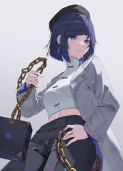  absurdres aqua_eyes bakemonsou beret black_hat black_pants blue_hair chains coat commentary_request cowboy_shot crop_top diagonal_bangs dice earrings female genshin_impact grey_background grey_coat grin hand_on_own_hip hat highres holding holding_chain holding_dice jewelry long_sleeves looking_at_viewer navel official_alternate_costume open_clothes open_coat pants pizza_hut shirt short_hair simple_background smile solo turtleneck white_shirt yelan_(genshin_impact) yelan_(pizza_hut)_(genshin_impact) 