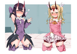  2girls ascot bare_shoulders blonde_hair blush bob_cut boots breasts cosplay covered_navel detached_sleeves dress elbow_gloves eyeliner facial_mark fate/grand_order fate/kaleid_liner_prisma_illya fate_(series) feather_hair_ornament feathers forehead forehead_mark gloves hair_ornament hair_pulled_back highres horns ibaraki_douji_(fate) kneeling layered_gloves leotard long_hair looking_at_viewer makeup miyu_edelfelt miyu_edelfelt_(cosplay) multiple_girls nagatani_(nagata2) oni open_mouth pink_dress pink_footwear pink_gloves prisma_illya prisma_illya_(cosplay) purple_eyes purple_hair purple_legwear purple_leotard purple_sleeves short_hair shuten_douji_(fate) sidelocks skin-covered_horns skirt small_breasts smile tattoo thigh_boots thighhighs thighhighs_under_boots thighs two_side_up white_footwear white_gloves white_skirt yellow_ascot yellow_eyes 