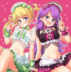  2girls arm_support blonde_hair blue_eyes blush earrings grin highres jewelry kiratto_pri_chan long_hair looking_at_viewer moegi_emo multiple_girls navel open_mouth parted_lips pink_background pretty_series purple_hair shido_mel sitting smile star_(symbol) star_earrings summer_maid_coord teeth tokunou_shoutarou v 