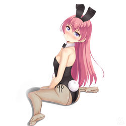  absurdres animal_ears black_bow black_bowtie black_leotard blush bow bowtie breasts commentary_request detached_collar fake_animal_ears female fishnet_pantyhose fishnets highres leotard long_hair looking_at_viewer original pantyhose pink_hair playboy_bunny pout purple_eyes rabbit_ears rabbit_tail sainohikari simple_background sitting small_breasts solo strapless strapless_leotard tail wariza white_background wrist_cuffs 