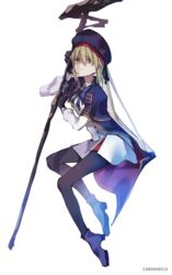  aesc_(fate) blonde_hair blue_cape blue_ribbon boots buttons cape carimarica double-breasted fate/grand_order fate_(series) female green_eyes hair_between_eyes high_heel_boots high_heels long_hair looking_at_viewer mage_staff morgan_le_fay_(fate) pantyhose platinum_blonde_hair ribbon shaded_face signature solo toe-point white_background 