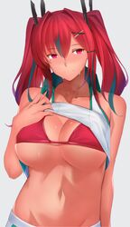  azur_lane bare_shoulders bikini bikini_top_only blush breasts bremerton_(azur_lane) bremerton_(scorching-hot_training)_(azur_lane) cleavage clothes_lift collarbone collared_shirt commentary_request crop_top female green_skirt grey_hair groin hair_between_eyes hair_intakes hair_ornament hairclip hand_on_own_chest heavy_breathing highres kameponde large_breasts lifting_own_clothes long_hair looking_at_viewer midriff mole mole_under_eye multicolored_hair navel nose_blush official_alternate_costume partial_commentary pink_bikini pink_eyes pink_hair shirt shirt_lift sidelocks simple_background skirt sleeveless sleeveless_shirt smile solo sportswear standing streaked_hair sweat swimsuit tennis_uniform twintails two-tone_hair two-tone_shirt two-tone_skirt underboob upper_body white_background white_shirt white_skirt x_hair_ornament 