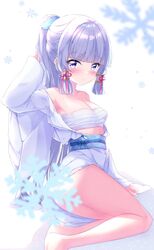  absurdres alternate_costume bandaged_chest barefoot blue_eyes blue_hair blunt_bangs blunt_tresses blush chest_sarashi female fuuna genshin_impact hair_tubes highres japanese_clothes kamisato_ayaka kimono long_hair looking_at_viewer open_clothes open_kimono ponytail sarashi short_kimono sitting solo white_kimono 