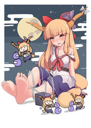  4girls absurdres artist_name barefoot belt blue_skirt blush bow breasts chains chibi clone cloud commentary feet foot_focus full_moon gourd hairbow highres horn_bow horn_ornament horns ibuki_suika long_hair looking_at_viewer lykesya mini_person minigirl moon multiple_girls neck_ribbon night night_sky off_shoulder open_mouth orange_eyes orange_hair petite red_bow ribbon signature sitting skirt sky sleeveless small_breasts smile soles solo_focus toes torn_clothes torn_sleeves touhou variant_set 