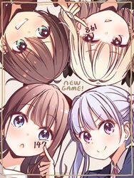  4girls black_bow blonde_hair blue_eyes bow brown_eyes brown_hair cheek_poking closed_mouth green_eyes grin hairbow highres iijima_yun long_hair looking_at_another looking_at_viewer multiple_girls new_game! parted_lips poking purple_eyes purple_hair red_bow shinoda_hajime short_hair smile suzukaze_aoba takimoto_hifumi teeth tokunou_shoutarou twintails 