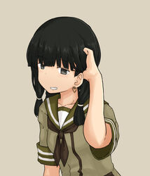  black_hair black_neckerchief blunt_bangs braid chagamaka female green_serafuku grey_background hair_over_shoulder hair_ribbon kantai_collection kitakami_(kancolle) long_hair looking_at_viewer neckerchief ribbon school_uniform serafuku sidelocks simple_background single_braid solo tress_ribbon upper_body 