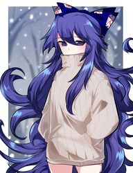  alternate_costume bad_id bad_twitter_id blue_eyes blue_hair blue_ribbon blurry blurry_background blush female hair_between_eyes hair_ribbon hands_in_pockets highres korean_commentary long_hair long_sleeves looking_at_viewer mindoll ribbon snow snowing solo sweater touhou tree very_long_hair yorigami_shion 