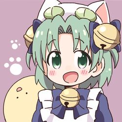  :d animal_ears animal_hat bell blue_bow blue_dress blush bow cat_ears cat_hat commentary_request dejiko di_gi_charat dress fake_animal_ears female gema green_eyes green_hair hair_bell hair_ornament hairbow hat jingle_bell looking_at_viewer nekotoufu open_mouth parted_bangs puffy_sleeves purple_background smile two_side_up upper_body white_headwear 