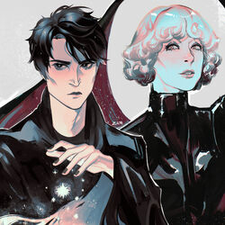  1boy black_hair black_suit dc_comics demon_girl demon_wings dream_of_the_endless female highres long_sleeves lucifer_morningstar_(dc) short_hair star_(symbol) suit the_sandman_(dc) white_hair wings zilmart 