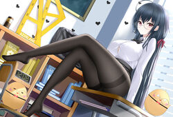  ahoge azur_lane bag black_bag black_bow black_bowtie black_hair black_pantyhose black_skirt bow bowtie breasts collared_shirt copyright_name crossed_legs defensive_skill_book_(azur_lane) desk female full_body glasses hair_between_eyes hair_ribbon highres indoors large_breasts long_hair long_sleeves looking_at_viewer manjuu_(azur_lane) miniskirt official_alternate_costume on_desk pantyhose red_eyes red_ribbon ribbon round_eyewear school_bag school_desk school_uniform shirt sitting skirt solo support_skill_book_(azur_lane) taihou_(azur_lane) taihou_(sweet_time_after_school)_(azur_lane) thighband_pantyhose tina_(tinafya) very_long_hair white_shirt 