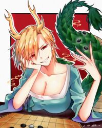  blonde_hair blue_shirt breasts chinese_chess chinese_commentary cleavage collarbone commentary_request dated dragon_tail female film_grain grin hand_up head_on_hand heng_(heng798616) highres kicchou_yachie large_breasts red_eyes shirt short_hair slit_pupils smile solo tail tail_raised touhou two-sided_fabric two-sided_sleeves wide_sleeves 