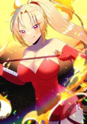  :q bare_shoulders blonde_hair blurry blurry_foreground blush breasts cleavage closed_mouth collarbone commentary_request commission covered_navel depth_of_field dress elbow_gloves female fire gloves holding holding_whip kou_hiyoyo large_breasts long_hair looking_at_viewer parted_bangs ponytail red_dress red_eyes red_gloves shynesslady skeb_commission smile solo star_ocean star_ocean_the_second_story strapless strapless_dress tongue tongue_out very_long_hair 