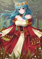  aqua_eyes aqua_hair artist_name bare_shoulders breasts cleavage closed_mouth doiparuni dress eirika_(fire_emblem) eirika_(valentine)_(fire_emblem) english_commentary female fire_emblem fire_emblem:_the_sacred_stones fire_emblem_heroes flower grass hair_flower hair_ornament highres long_hair long_sleeves looking_at_viewer official_alternate_costume outdoors red_dress sidelocks skirt_hold smile solo tree wide_sleeves 