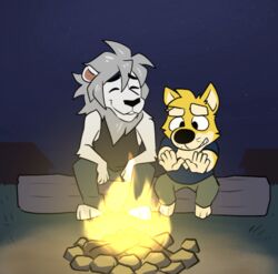  2024 5_fingers anthro barefoot black_clothing black_eyes black_nose black_shirt black_tank_top black_topwear blue_clothing blue_shirt blue_topwear bottomwear campfire canid canine canis closed_eyes closed_smile clothed clothing domestic_dog duo elion_(gabshiba) feet felid fingers fur gab_(comic) gab_shiba gabshiba green_bottomwear green_clothing green_pants head_tuft lion male mammal mane mouth_closed night pantherine pants shiba_inu shirt sitting sitting_on_log smile spitz tank_top topwear tuft warming_hands white_body white_fur white_mane yellow_body yellow_fur 