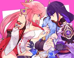  3girls animal_ears bare_shoulders bell blue_hair blunt_bangs blush breasts closed_eyes earrings feeding from_side ganyu_(genshin_impact) genshin_impact goat_horns grabbing grabbing_another&#039;s_breast hair_between_eyes hair_ornament hand_on_another&#039;s_chin hand_up holding_hands horns japanese_clothes jewelry leaning_back leaning_forward light_blue_hair long_hair looking_down mitsudomoe_(shape) multiple_girls neck_bell pendant pink_hair pink_nails purple_eyes purple_hair purple_nails raiden_shogun sitting sweatdrop tomoe_(symbol) torigara_cha yae_miko yuri 