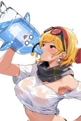  alternate_costume armpits blonde_hair bottle breasts crop_top drinking earrings eyewear_on_head female galon_(kaela_kovalskia) highres hololive hololive_indonesia jewelry kaela_kovalskia midriff no_bra popo_(popo0cat) red_eyes scarf see-through see-through_shirt shirt simple_background solo steam steaming_body sunglasses sweat sweaty_clothes tied_shirt upper_body virtual_youtuber water water_bottle wet wet_clothes white_background white_shirt 