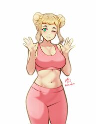  blonde_hair breasts commission crop_top double_bun english_commentary female fire_emblem fire_emblem_heroes green_eyes hair_bun henriette_(fire_emblem) highres large_breasts midriff navel pants pink_sports_bra rotomdocs short_bangs sidelocks solo sports_bra sportswear yoga_pants 