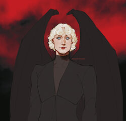  bat_wings black_background black_dress black_undershirt black_wings blue_eyes closed_mouth demon demon_girl demon_wings dress female highres long_sleeves looking_at_viewer lucifer_morningstar_(dc) red_background red_lips short_hair snarkspawn solo the_sandman_(dc) two-tone_background upper_body white_hair wings 