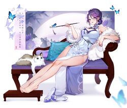  absurdres arm_rest bare_shoulders blue_butterfly blue_eyes breasts bridge bug butterfly chair chaise_longue china_dress chinese_clothes chinese_text cleavage cleavage_cutout clothing_cutout cushion dress eoe feather_boa feet feline female floral_print flower folding_fan footstool full_body hair_bun hair_flower hair_ornament hand_fan high_heels highres holding holding_fan holding_smoking_pipe large_breasts legs long_dress looking_at_viewer lying mature_female no_shoes on_side pantyhose parted_lips pelvic_curtain purple_footwear purple_hair purple_nails reclining red_lips renjian_meihao_guanceji see-through see-through_legwear shoes short_hair sitting sleeveless sleeveless_dress smoking_pipe solo toes unworn_shoes virtual_youtuber white_background white_dress white_flower yumo_(eoe) 