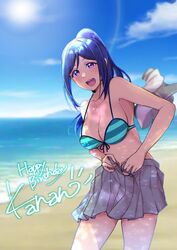  beach bikini birthday blue_hair blue_sky breasts character_name cleavage cloud cloudy_sky collarbone commentary english_text female happy_birthday high_ponytail large_breasts long_hair love_live! love_live!_sunshine!! matsuura_kanan ocean outdoors ponytail purple_eyes school_uniform sky solo swimsuit ueto_seri undressing uranohoshi_school_uniform 