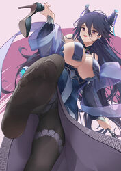  absurdres ayachimikami azur_lane bare_shoulders black_footwear black_pantyhose breast_curtains breasts chi_an_(azur_lane) female from_below high_heels highres large_breasts long_hair long_sleeves looking_at_viewer looking_down panties pantyhose purple_eyes purple_hair shoes solo underwear very_long_hair white_panties 