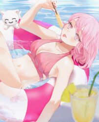  bikini breasts feline female food highres holding holding_food holding_popsicle indie_utaite innertube mebuki_(moon_angel_4) medium_breasts midriff nqrse pink_bikini pink_eyes pink_hair popsicle short_hair solo stomach swim_ring swimsuit tongue tongue_out utaite water 