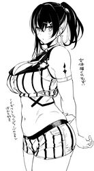  amano_don armband arms_behind_back between_breasts blush breasts cleavage crop_top female goddess_of_victory:_nikke horseshoe_earrings large_breasts looking_at_viewer medium_hair navel necktie necktie_between_breasts noise_(classic_diva)_(nikke) noise_(nikke) plump ponytail shorts striped_clothes striped_shorts translation_request vertical-striped_clothes vertical-striped_shorts 