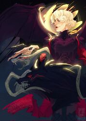  animal dc_comics deadmudila demon_girl demon_wings dress female highres long_sleeves looking_to_the_side lucifer_morningstar_(dc) short_hair snake the_sandman_(dc) white_hair wings 