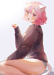  absurdres animal_ears black_hood black_sweater blush cat_ears female highres indie_utaite long_sleeves mebuki_(moon_angel_4) nqrse open_mouth panties pink_eyes pink_hair short_hair solo sweater underwear utaite white_panties white_tail 