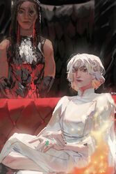  2girls burnt_face dark-skinned_female dark_skin dc_comics demon_girl dress highres jewelry looking_at_viewer lucifer_morningstar_(dc) mazikeen_(dc) multiple_girls patita ring short_hair sitting the_sandman_(dc) white_dress white_hair 