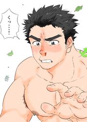  1boy armpit_hair armpit_hair_peek aroused_nosebleed bad_id bad_twitter_id bara blush facial_hair falling_leaves fugur6_fugur9 highres leaf male_focus muscular muscular_male nipples nude original outstretched_hand short_hair sideburns_stubble solo stubble sweat thick_eyebrows translated upper_body very_sweaty 