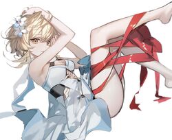  blonde_hair breasts cleavage dress female flower genshin_impact hair_flower hair_ornament highres looking_at_viewer lumine_(genshin_impact) red_ribbon ribbon short_hair simple_background sleeveless sleeveless_dress small_breasts solo thighs umenoume white_background white_dress white_flower yellow_eyes 