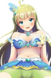  ahoge aqua_eyes armlet bare_arms bare_shoulders belt blue_bra blue_skirt blunt_bangs blush bra breasts cameltoe chest_jewel collar commentary_request cowboy_shot detached_collar eyelashes feather_hair_ornament feathers female gem green_gemstone green_hair green_shorts hair_ornament high_collar highres idol idolmaster idolmaster_million_live! large_breasts long_hair looking_at_viewer lower_teeth_only mining_helmet navel open_mouth shimabara_elena short_shorts shorts shorts_under_skirt simple_background sitting skirt smile solo star-shaped_gem star_(symbol) star_hair_ornament stomach stomach_jewel strapless strapless_bra teeth underwear wavy_hair white_background white_belt white_collar witoi_(roa) 