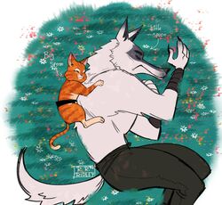  affectionate anthro belt bottomwear canid canine canis claws closed_eyes clothed clothing cuddling death_(puss_in_boots) domestic_cat dreamworks duo english_text facial_markings felid feline felis flower fluffy fur grass happy head_markings hi_res interspecies love male male/male mammal markings mask_(marking) napping orange_body orange_fur outside pants plant purring puss_in_boots_(character) puss_in_boots_(dreamworks) rowanrowlandridley shirtless signature size_difference sleeping smile spooning tabby_cat text topless white_body white_fur wolf 