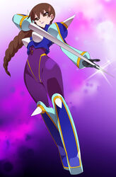  arm_mounted_weapon armor bodysuit brown_eyes brown_hair commission crop_top female highres kaidou_zx long_hair mega_man_(series) mega_man_battle_network_(series) ms._yuri_(mega_man) needle needleman.exe pixiv_commission power_armor purple_bodysuit purple_lips solo spikes 