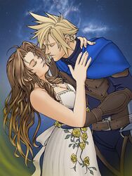  1boy aerith_gainsborough aerith_gainsborough_(white_floral_dress) arm_around_neck armor back_bow bare_arms bare_shoulders belt belt_buckle blonde_hair blue_background blue_cloak blue_gloves blue_shirt bow breasts brown_belt brown_hair buckle cleavage cloak closed_eyes cloud_strife cloud_strife_(alphreid_costume) colored_eyelashes couple cowboy_shot dress dress_flower earrings female final_fantasy final_fantasy_vii final_fantasy_vii_rebirth final_fantasy_vii_remake flower gloves gold_trim hair_between_eyes hand_on_another&#039;s_shoulder hand_on_another&#039;s_waist herzenreine highres imminent_kiss jewelry leather_armor long_hair long_sleeves medium_breasts multiple_necklaces official_alternate_costume parted_lips rose shirt short_hair sidelocks single_earring spiked_hair straight strapless strapless_dress suspenders sword vambraces wavy_hair weapon white_dress yellow_flower yellow_rose 