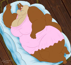  2021 anthro artist_name bed belly big_breasts bloodshot_eyes breasts brown_body brown_fur buckteeth clothed clothing digital_media_(artwork) female flat_colors fur furniture huge_breasts mammal multicolored_body multicolored_fur navel_outline nickelodeon nightwear obese obese_anthro obese_female one_eye_closed overweight overweight_anthro overweight_female rodent sandy&#039;s_treedome sandy_cheeks sciurid solo spongebob_squarepants teeth thick_thighs tree_squirrel two_tone_body two_tone_fur xxsparcoxx 