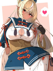  absurdres black_panties blonde_hair bow breasts brown_gloves cleavage clothing_cutout crossed_bangs dark-skinned_female dark_skin elf female fingerless_gloves gloves hairbow heart highres hololive long_hair looking_at_viewer mandarin_collar multicolored_hair panties pointy_ears ponytail red_eyes shiranui_flare shiranui_flare_(old_design) shoulder_cutout side-tie_panties sidelocks simple_background smile spoken_heart streaked_hair underwear v virtual_youtuber yunon_oto_mad 