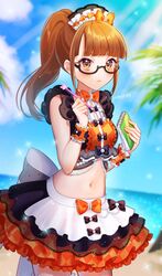  back_bow beach bikini bikini_skirt black-framed_eyewear black_bikini black_bow blue_sky blunt_bangs blush bow breasts brown_eyes brown_hair cloud cowboy_shot day female frilled_bikini frilled_cuffs frilled_skirt frills glasses hands_up highres holding holding_notebook holding_pen kuma_(pripara) large_bow long_hair looking_at_viewer maid maid_headdress medium_breasts mendamen minami_mirei minami_mirei_(normal) navel notebook ocean orange_bow outdoors pen ponytail pretty_series pripara semi-rimless_eyewear sidelocks skirt sky solo standing summer_maid_coord swimsuit twitter_username unconventional_maid under-rim_eyewear wrist_cuffs 