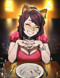  animal_ears ascari_megane_(aurahack) aurahack bandaid bandaid_on_face bandaid_on_nose blurry blurry_background breasts brown_hair cat_ears cleavage closed_eyes cutlery earrings facing_viewer female freckles happy highres jewelry large_breasts long_hair mole mole_on_breast mole_under_eye original plate pov pov_dating ring sitting smile solo watch wedding_ring wristwatch 