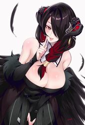  absurdres adapted_costume asymmetrical_horns bare_shoulders black_hair black_wings blush braid breasts bright_pupils cleavage colored_inner_hair demon_girl demon_horns feathered_wings female highres hololive hololive_english horns huge_breasts kivo long_hair looking_at_viewer mamarissa mature_female mole mole_under_eye multicolored_hair red_eyes shiny_skin smile two-tone_hair virtual_youtuber white_pupils wings 