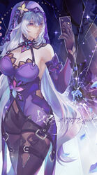  absurdres bare_shoulders black_gloves black_swan_(honkai:_star_rail) breasts card cleavage commentary_request covered_navel cowboy_shot dress elbow_gloves female gloves grey_hair highres holding holding_card honkai:_star_rail honkai_(series) large_breasts long_hair pantyhose purple_dress purple_eyes sleeveless sleeveless_dress smile solo standing thighs veil very_long_hair ying_die_moyu 