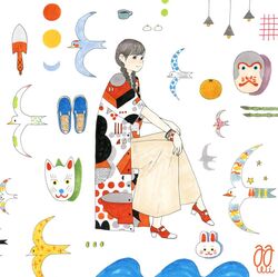  awai880 bird blue_footwear blunt_bangs bracelet braid coat cup female food from_side fruit full_body grey_hair invisible_chair jewelry long_coat looking_at_viewer orange_(fruit) original print_coat red_footwear shoes short_sleeves signature sitting solo twin_braids 