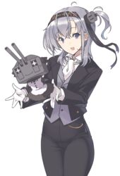  1other alternate_costume ascot black_headband butler chou-10cm-hou-chan_(suzutsuki&#039;s) clothes_writing commentary_request cowboy_shot female female_butler formal gloves grey_eyes grey_hair grey_vest hachimaki headband kantai_collection long_hair looking_at_viewer nakadori_(movgnsk) one_side_up simple_background smile suit suzutsuki_(kancolle) tuxedo vest white_ascot white_background white_gloves 