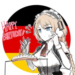  ? blonde_hair blue_eyes braid candle commentary_request cooking english_text female food g36_(girls&#039;_frontline) german_flag germany girls&#039;_frontline gloves happy_birthday icing korean_commentary long_hair madcore maid maid_headdress sausage single_braid skewer solo 