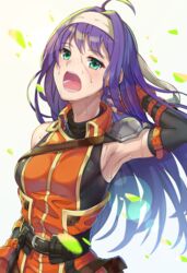  ahoge aqua_eyes arm_warmers armor armpits belt black_bodysuit bodysuit breasts commentary cowboy_shot female fingerless_gloves fire_emblem fire_emblem:_path_of_radiance fire_emblem:_radiant_dawn gloves hairband hand_in_own_hair jacket long_hair looking_at_viewer medium_breasts mia_(fire_emblem) open_mouth orange_gloves orange_jacket panda_inu purple_hair ribbed_bodysuit shoulder_armor simple_background sleeveless sleeveless_jacket solo strap sweat turtleneck waistcoat white_background wind 