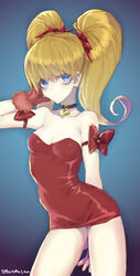  arm_strap bags_under_eyes blonde_hair blue_eyes bow breasts cleavage collar dress effie_(street_fighter) female gloves hair_ornament hair_scrunchie heart_collar highres looking_at_viewer microdress murata_tefu petite ponytail red_bow red_dress red_gloves scrunchie small_breasts solo spikes standing strapless strapless_dress street_fighter street_fighter_iii_(series) 