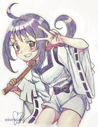  ahoge bakumatsu_rouman black_hair bow female ichijou_akari murata_tefu ponytail solo stick traditional_media v watercolor_pencil_(medium) 